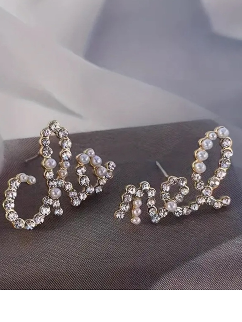 Crystal And Pearl Script Stud Earrings - Gold